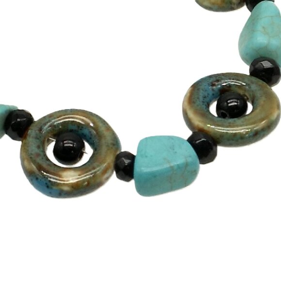 Turquoise Stone Bohemian Bracelet Ceramic Donut Resin Beaded Bracelet - Picture 3 of 16